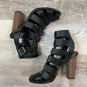 Vince Black Leather Strappy Gladiator Heels 5 Made in Italy Wood Heel